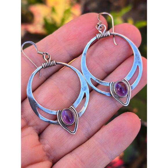 Vintage 925 Sterling Silver and Amethyst Modernist French Wire Dangle Earrings - Picture 1 of 10